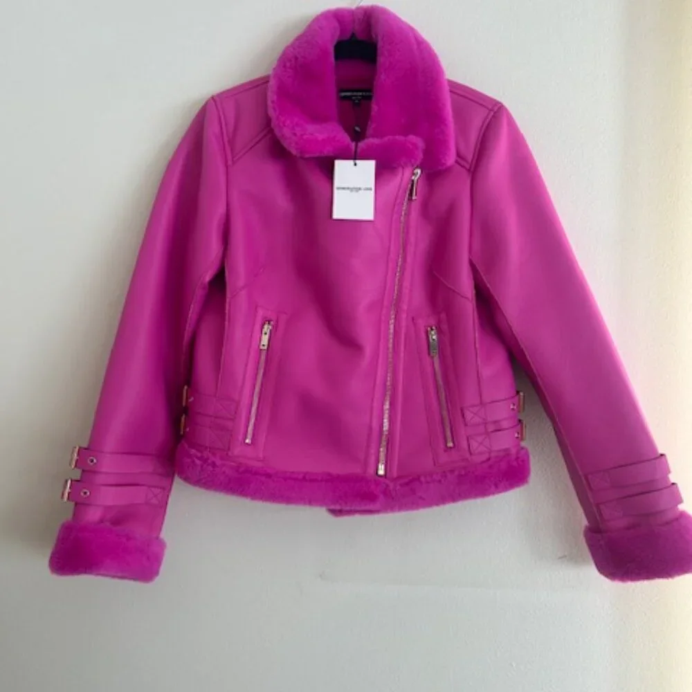 Generation Love Dion Hot Pink Faux Fur Shearling Zip Buckle Moto Jacket NWT XS - Picture 9 of 16